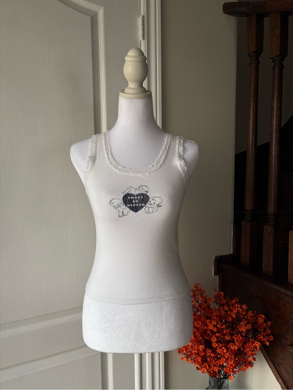 Brandy Melville White Lace-Trim Tank Top with Heart Graphic